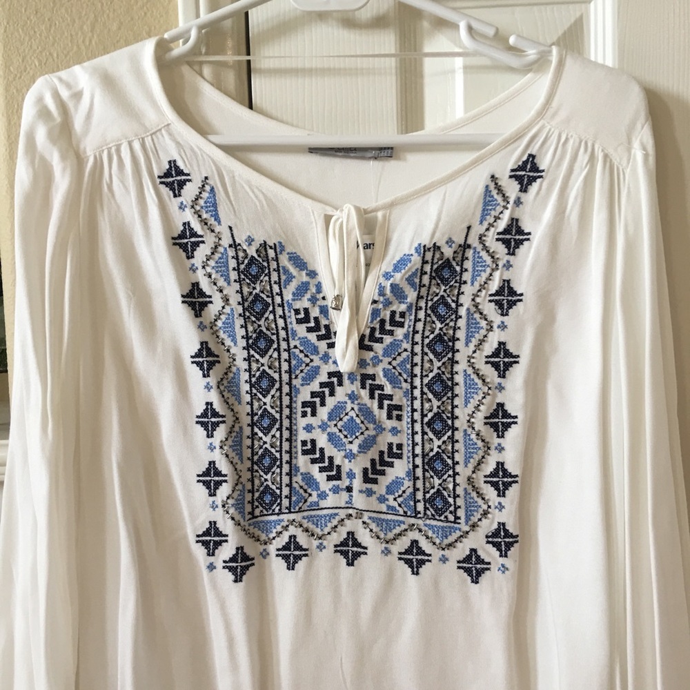 Dalia white rayon boho beaded tunic blouse top embroidered folk motif